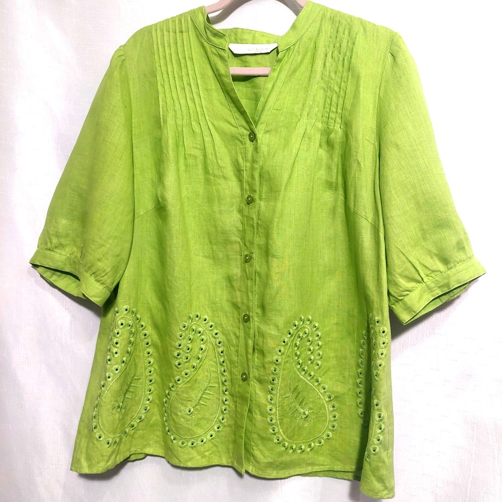 Lucy & Laurel Womens 1X Button Up Blouse Linen 3/4 Puff Button Sleeve Embroidery